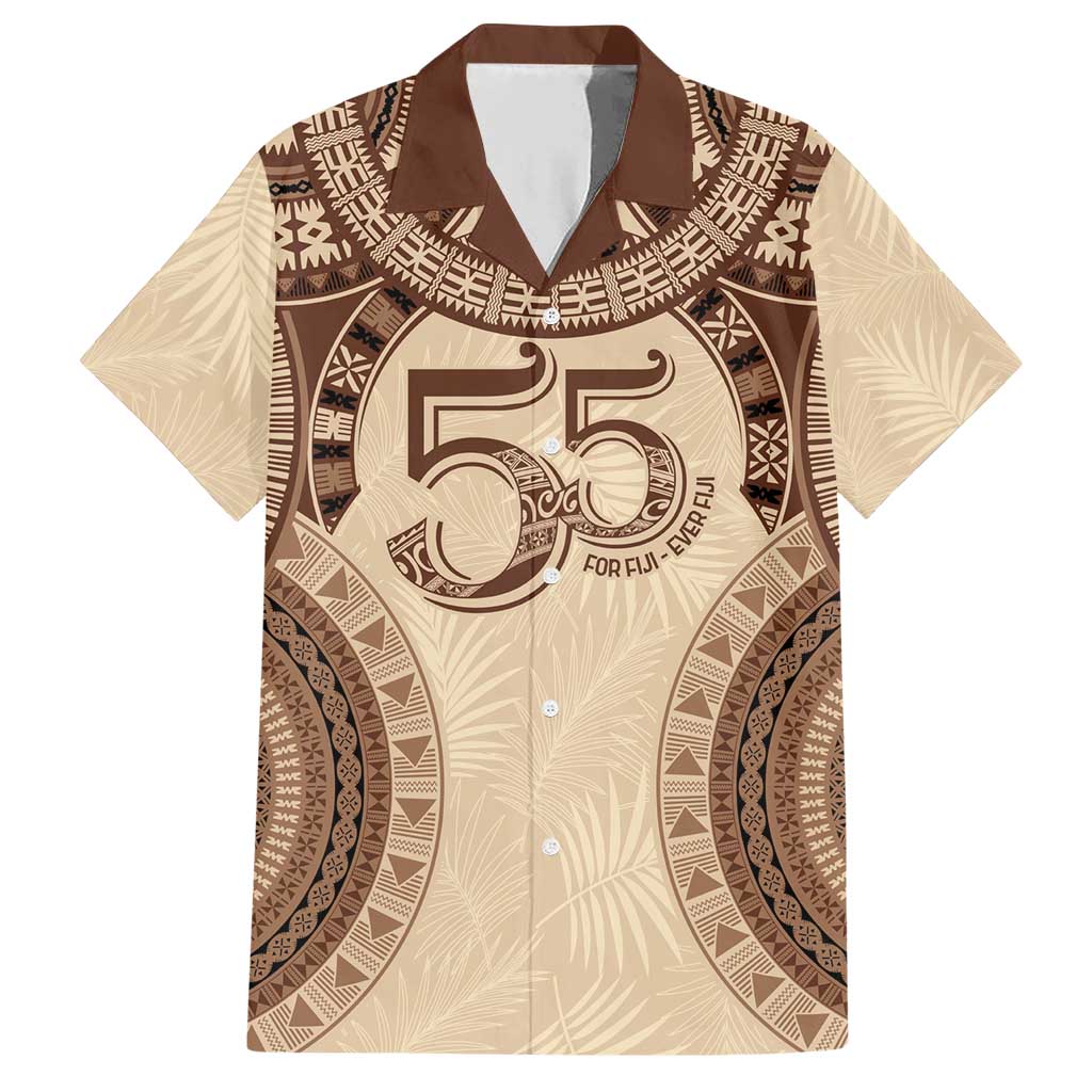 Bula Fiji Day 55th Anniversary Masi Tapa Family Matching Short Sleeve Bodycon Dress and Hawaiian Shirt Emerald Jubilee - Beige LT7 Dad's Shirt - Short Sleeve Beige - Polynesian Pride