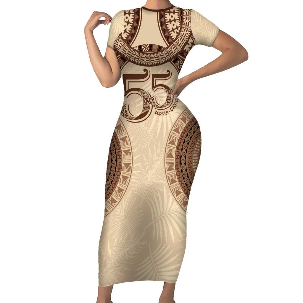 Bula Fiji Day 55th Anniversary Masi Tapa Family Matching Short Sleeve Bodycon Dress and Hawaiian Shirt Emerald Jubilee - Beige LT7 Mom's Dress Beige - Polynesian Pride