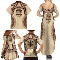 Bula Fiji Day 55th Anniversary Masi Tapa Family Matching Summer Maxi Dress and Hawaiian Shirt Emerald Jubilee - Beige LT7 - Polynesian Pride