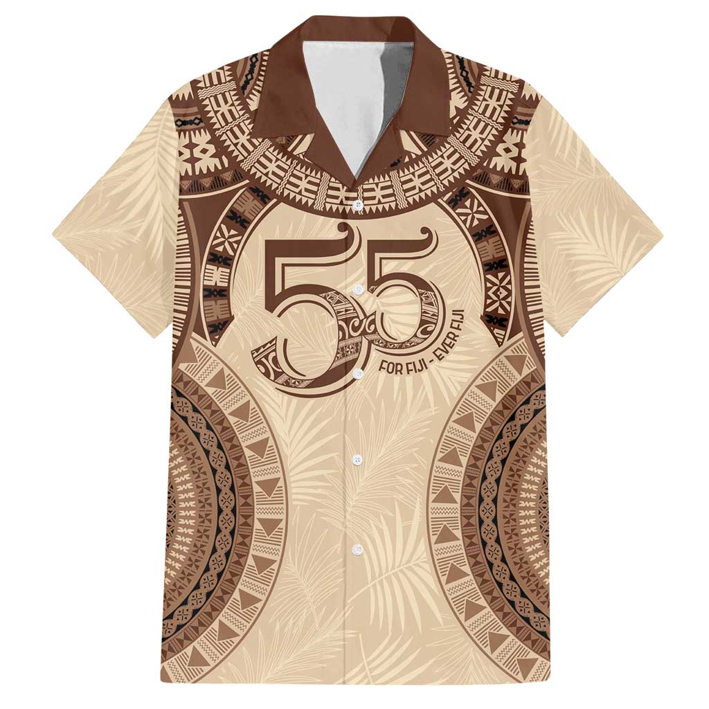 Bula Fiji Day 55th Anniversary Masi Tapa Family Matching Summer Maxi Dress and Hawaiian Shirt Emerald Jubilee - Beige LT7 Dad's Shirt - Short Sleeve Beige - Polynesian Pride