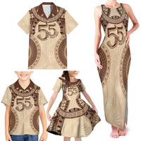 Bula Fiji Day 55th Anniversary Masi Tapa Family Matching Tank Maxi Dress and Hawaiian Shirt Emerald Jubilee - Beige LT7 - Polynesian Pride