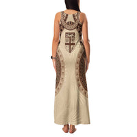 Bula Fiji Day 55th Anniversary Masi Tapa Family Matching Tank Maxi Dress and Hawaiian Shirt Emerald Jubilee - Beige LT7 - Polynesian Pride