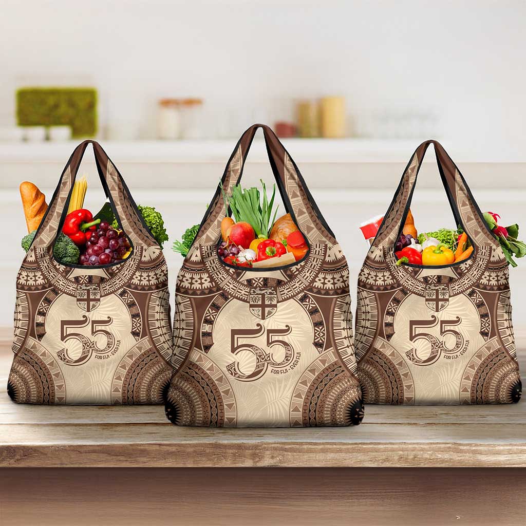 Bula Fiji Day 55th Anniversary Masi Tapa Grocery Bag Emerald Jubilee - Beige - Polynesian Pride