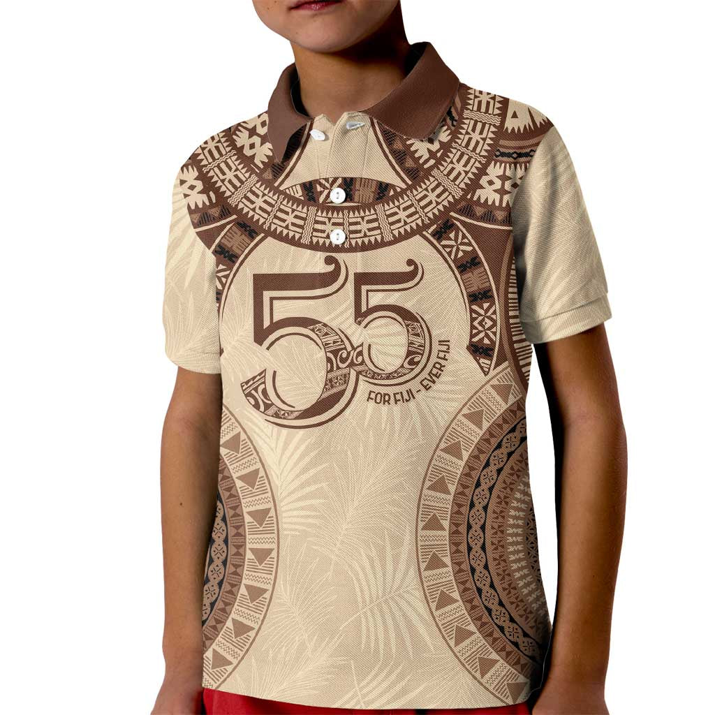 Bula Fiji Day 55th Anniversary Masi Tapa Kid Polo Shirt Emerald Jubilee - Beige - Polynesian Pride