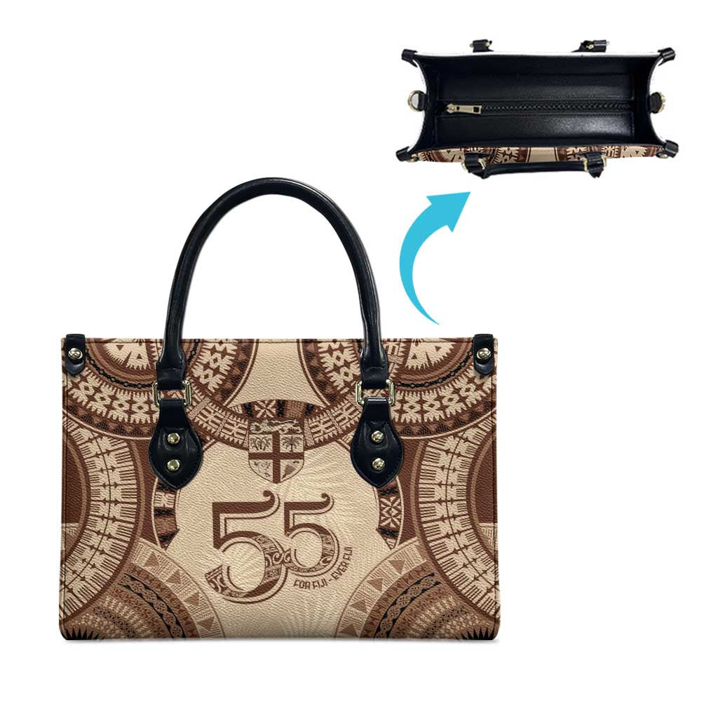 Bula Fiji Day 55th Anniversary Masi Tapa Leather Bag Emerald Jubilee - Beige - Polynesian Pride