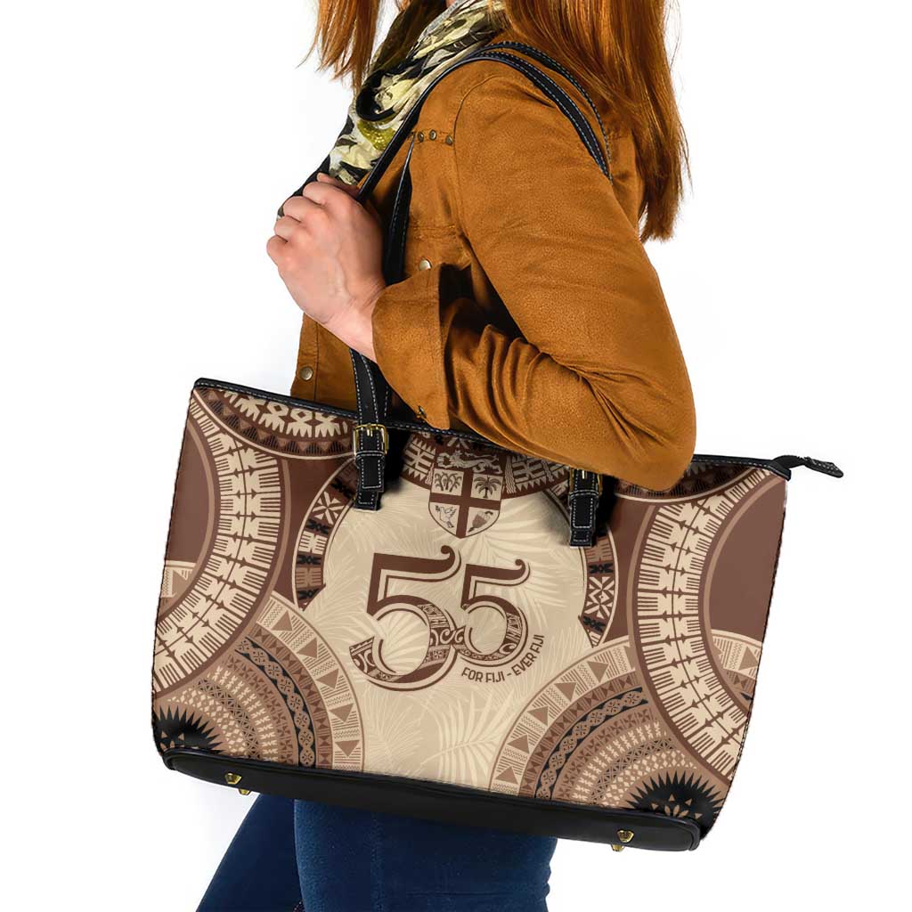 Bula Fiji Day 55th Anniversary Masi Tapa Leather Tote Bag Emerald Jubilee - Beige - Polynesian Pride