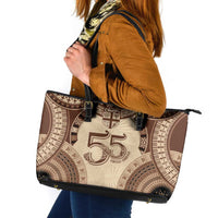 Bula Fiji Day 55th Anniversary Masi Tapa Leather Tote Bag Emerald Jubilee - Beige - Polynesian Pride