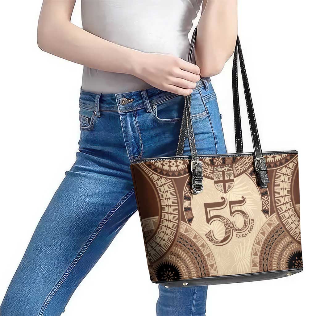 Bula Fiji Day 55th Anniversary Masi Tapa Leather Tote Bag Emerald Jubilee - Beige - Polynesian Pride