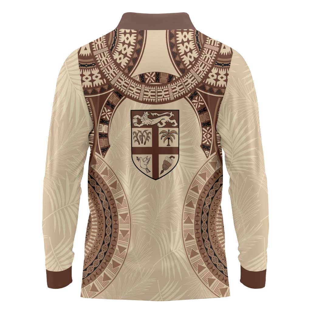Bula Fiji Day 55th Anniversary Masi Tapa Long Sleeve Polo Shirt Emerald Jubilee - Beige - Polynesian Pride