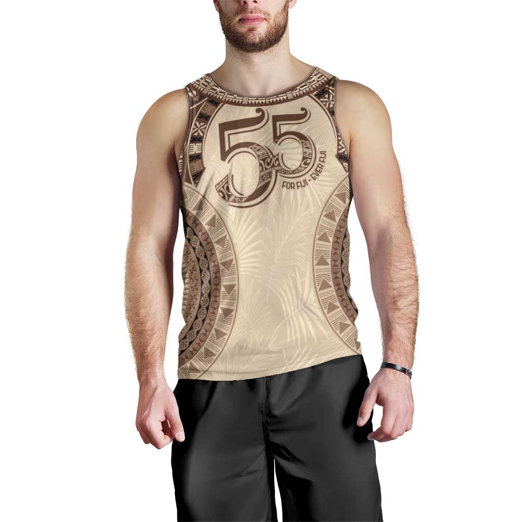Bula Fiji Day 55th Anniversary Masi Tapa Men Tank Top Emerald Jubilee - Beige - Polynesian Pride