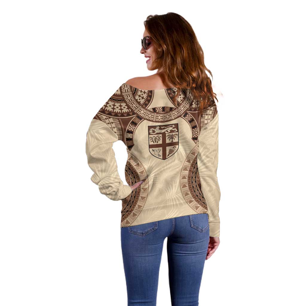 Bula Fiji Day 55th Anniversary Masi Tapa Off Shoulder Sweater Emerald Jubilee - Beige - Polynesian Pride