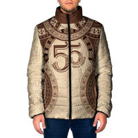 Bula Fiji Day 55th Anniversary Masi Tapa Padded Jacket Emerald Jubilee - Beige - Polynesian Pride