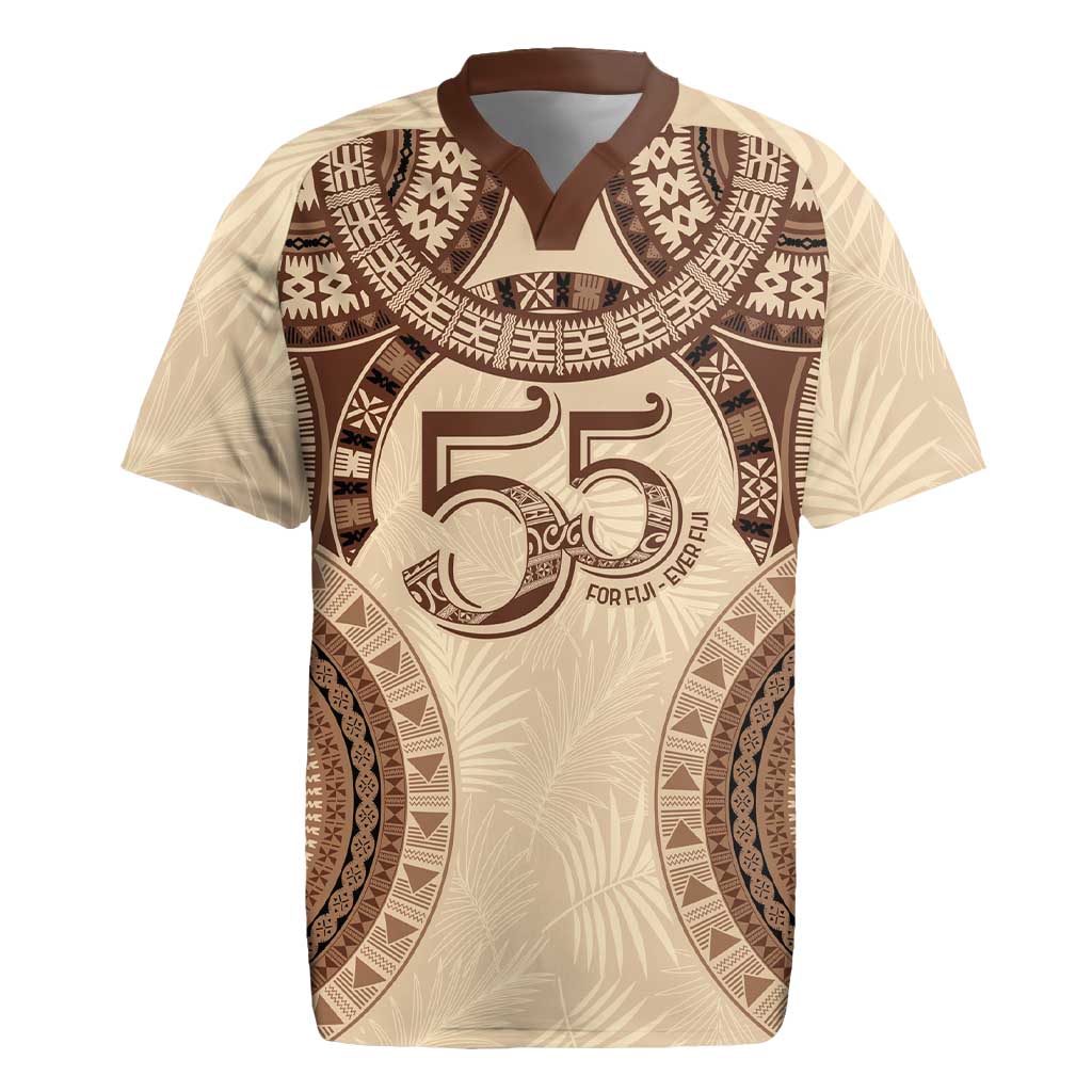 Bula Fiji Day 55th Anniversary Masi Tapa Rugby Jersey Emerald Jubilee - Beige - Polynesian Pride