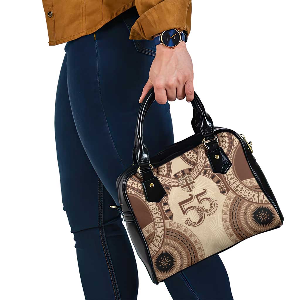 Bula Fiji Day 55th Anniversary Masi Tapa Shoulder Handbag Emerald Jubilee - Beige - Polynesian Pride