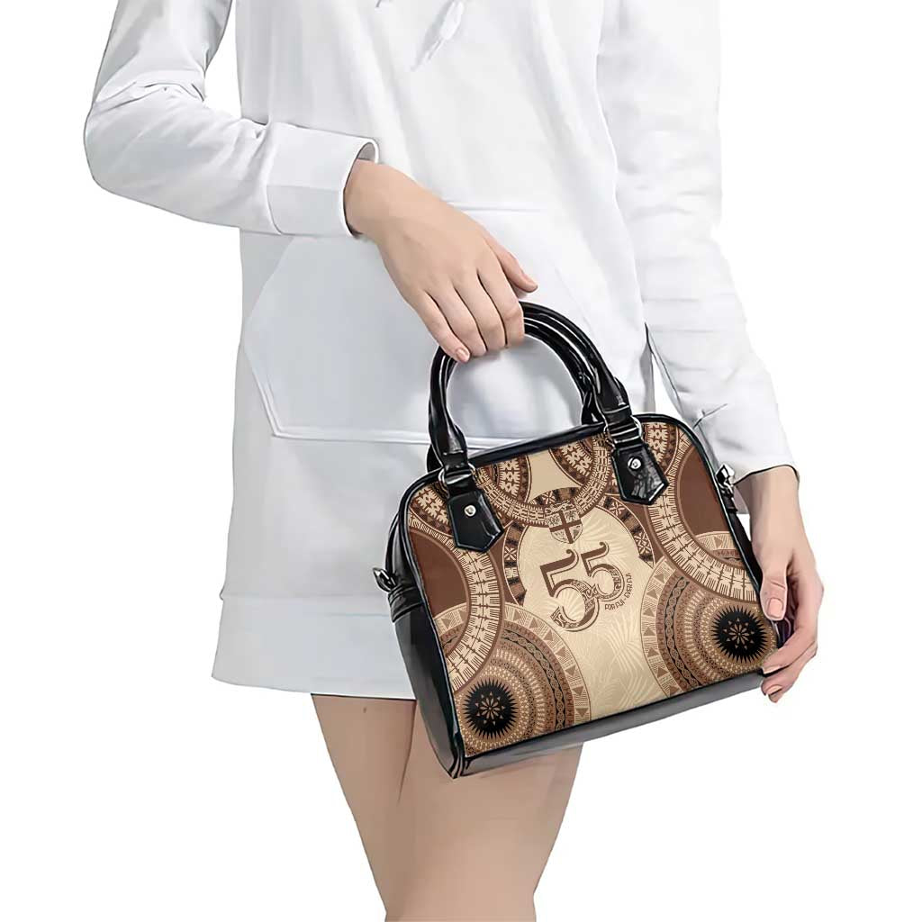 Bula Fiji Day 55th Anniversary Masi Tapa Shoulder Handbag Emerald Jubilee - Beige - Polynesian Pride