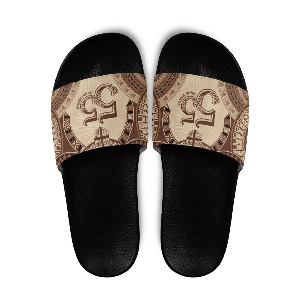 Bula Fiji Day 55th Anniversary Masi Tapa Slide Sandals Emerald Jubilee - Beige LT7 Beige - Polynesian Pride