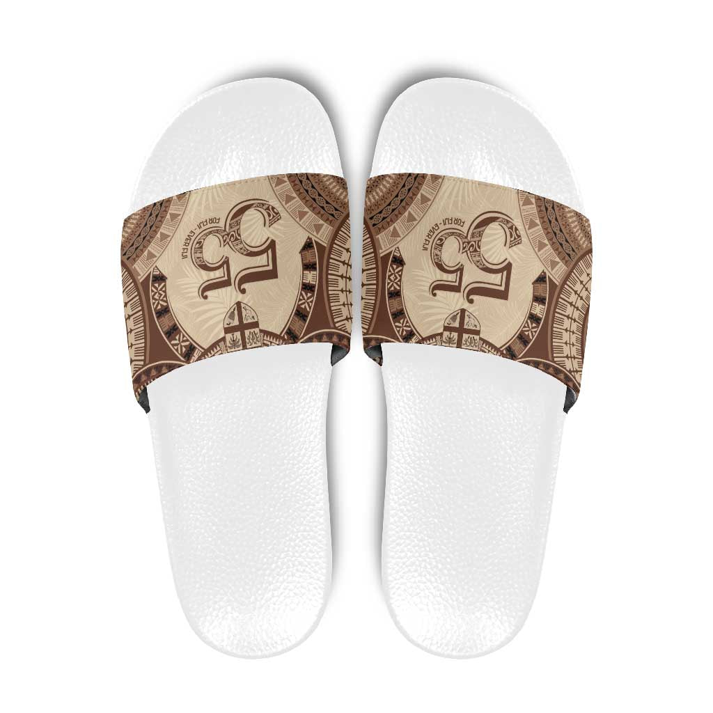 Bula Fiji Day 55th Anniversary Masi Tapa Slide Sandals Emerald Jubilee - Beige LT7 Beige - Polynesian Pride