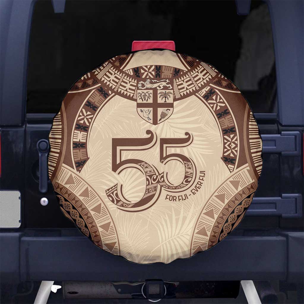 Bula Fiji Day 55th Anniversary Masi Tapa Spare Tire Cover Emerald Jubilee - Beige - Polynesian Pride