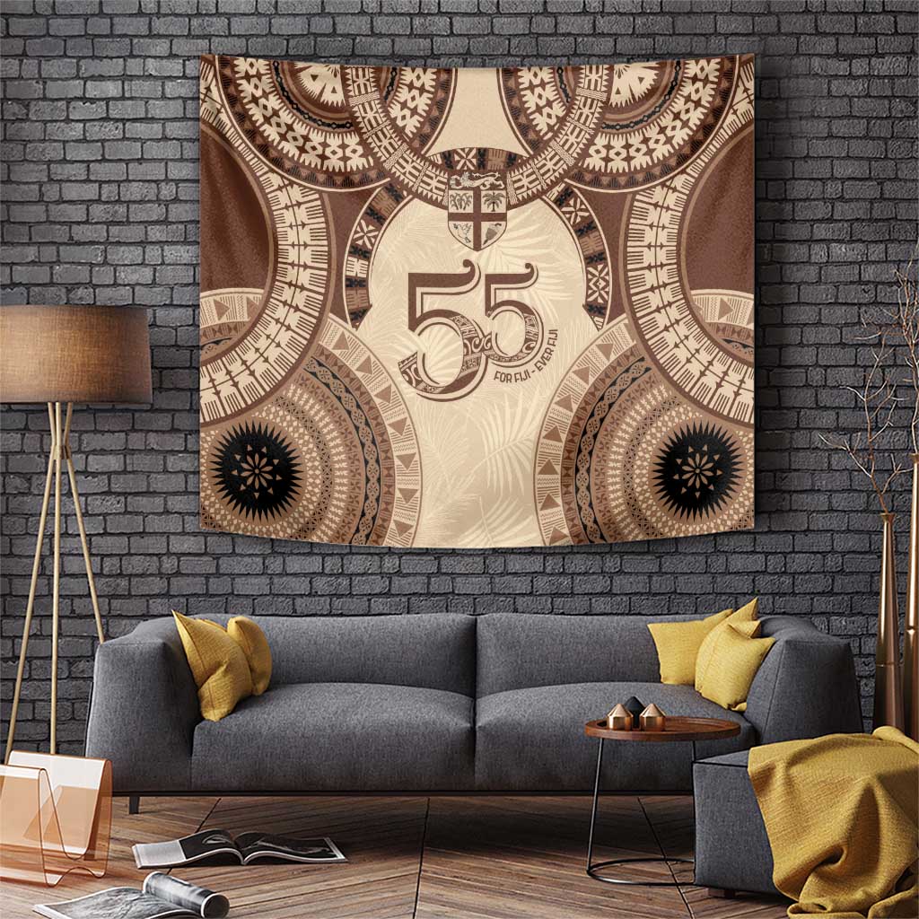 Bula Fiji Day 55th Anniversary Masi Tapa Tapestry Emerald Jubilee - Beige - Polynesian Pride