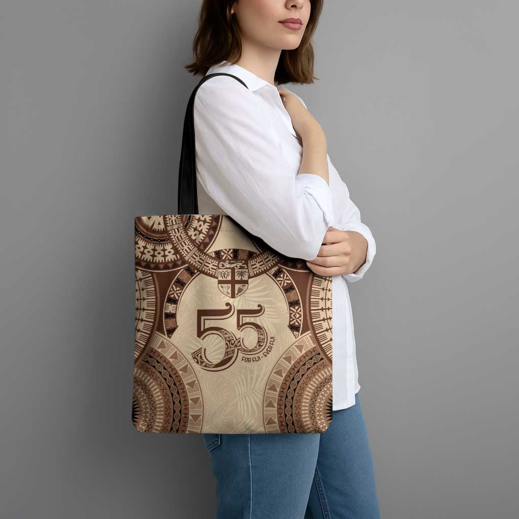 Bula Fiji Day 55th Anniversary Masi Tapa Tote Bag Emerald Jubilee - Beige - Polynesian Pride