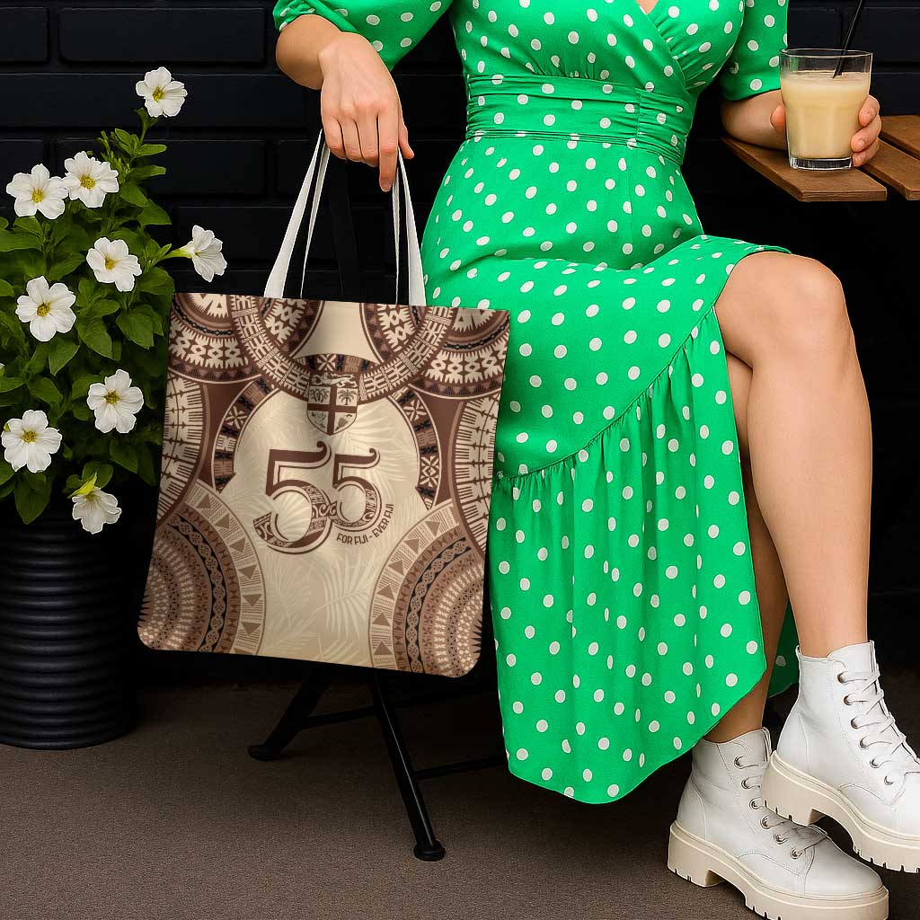 Bula Fiji Day 55th Anniversary Masi Tapa Tote Bag Emerald Jubilee - Beige - Polynesian Pride