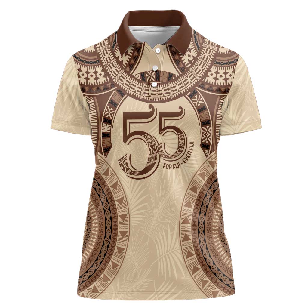 Bula Fiji Day 55th Anniversary Masi Tapa Women Polo Shirt Emerald Jubilee - Beige - Polynesian Pride
