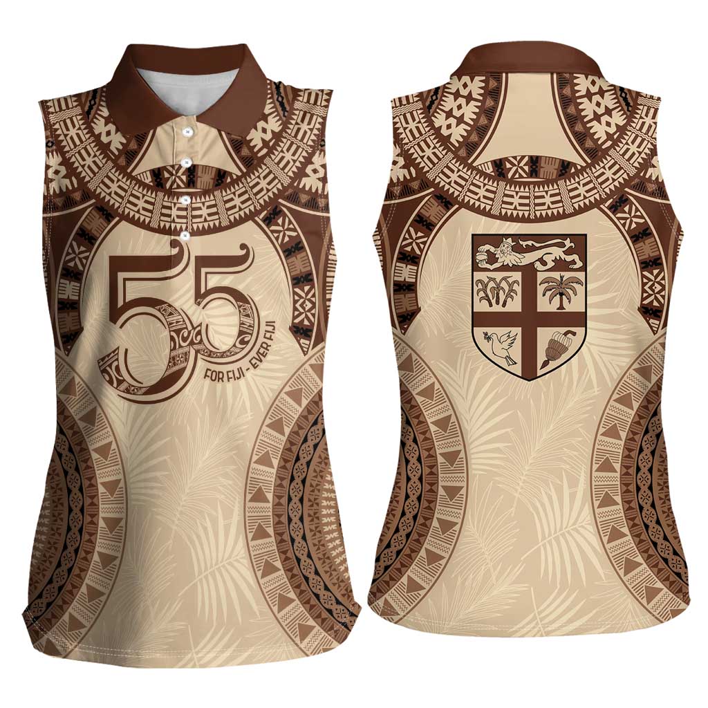 Bula Fiji Day 55th Anniversary Masi Tapa Women Sleeveless Polo Shirt Emerald Jubilee - Beige - Polynesian Pride