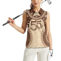 Bula Fiji Day 55th Anniversary Masi Tapa Women Sleeveless Polo Shirt Emerald Jubilee - Beige - Polynesian Pride