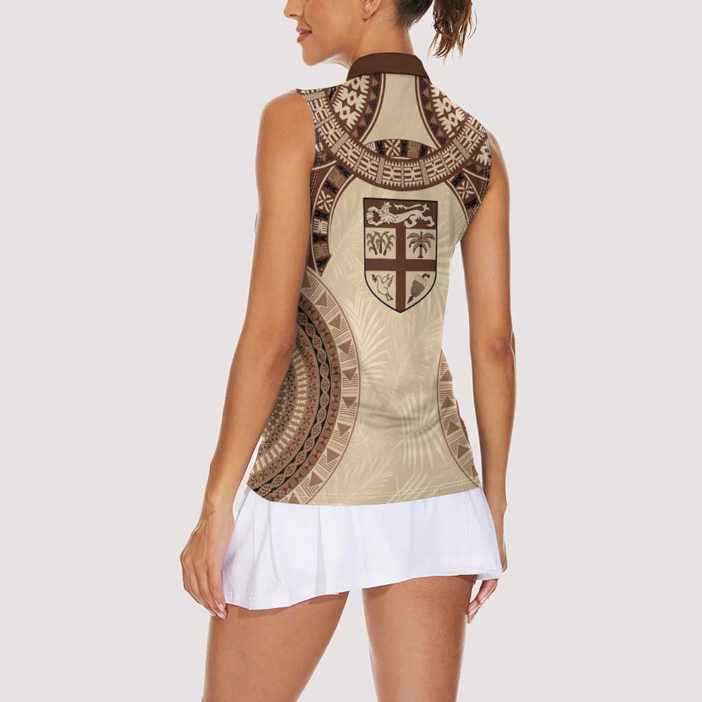 Bula Fiji Day 55th Anniversary Masi Tapa Women Sleeveless Polo Shirt Emerald Jubilee - Beige - Polynesian Pride