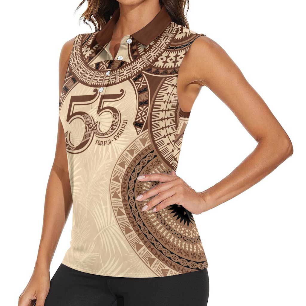 Bula Fiji Day 55th Anniversary Masi Tapa Women Sleeveless Polo Shirt Emerald Jubilee - Beige - Polynesian Pride