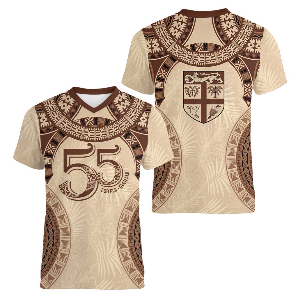 Bula Fiji Day 55th Anniversary Masi Tapa Women V-Neck T-Shirt Emerald Jubilee - Beige - Polynesian Pride