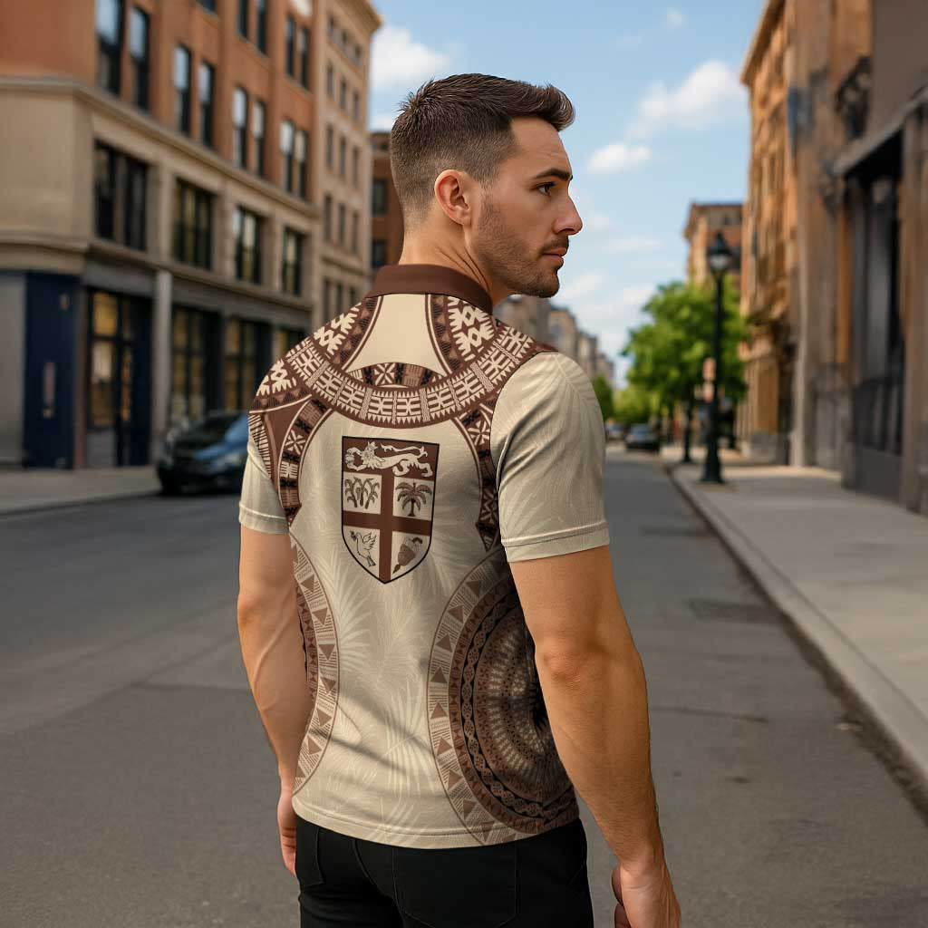 Bula Fiji Day 55th Anniversary Masi Tapa Zipper Polo Shirt Emerald Jubilee - Beige - Polynesian Pride