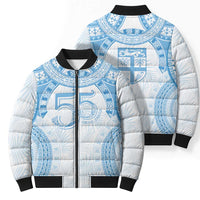 Bula Fiji Day 55th Anniversary Masi Tapa Bomber Puffer Jacket Emerald Jubilee - Turquoise - Polynesian Pride