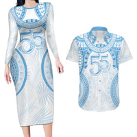 Bula Fiji Day 55th Anniversary Masi Tapa Couples Matching Long Sleeve Bodycon Dress and Hawaiian Shirt Emerald Jubilee - Turquoise LT7 Turquoise - Polynesian Pride