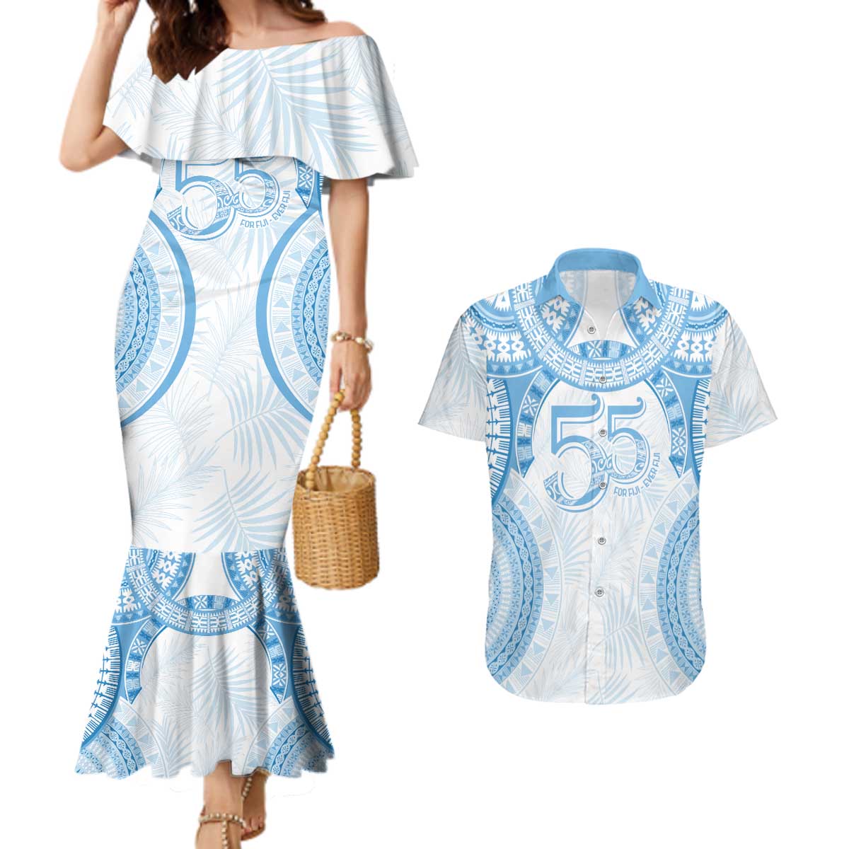 Bula Fiji Day 55th Anniversary Masi Tapa Couples Matching Mermaid Dress and Hawaiian Shirt Emerald Jubilee - Turquoise LT7 Turquoise - Polynesian Pride