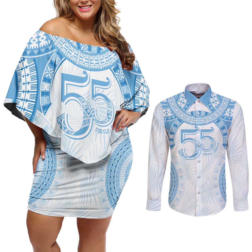 Bula Fiji Day 55th Anniversary Masi Tapa Couples Matching Off Shoulder Short Dress and Long Sleeve Button Shirt Emerald Jubilee - Turquoise - Polynesian Pride