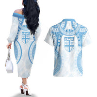 Bula Fiji Day 55th Anniversary Masi Tapa Couples Matching Off The Shoulder Long Sleeve Dress and Hawaiian Shirt Emerald Jubilee - Turquoise LT7 - Polynesian Pride