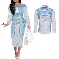 Bula Fiji Day 55th Anniversary Masi Tapa Couples Matching Off The Shoulder Long Sleeve Dress and Long Sleeve Button Shirt Emerald Jubilee - Turquoise LT7 Turquoise - Polynesian Pride
