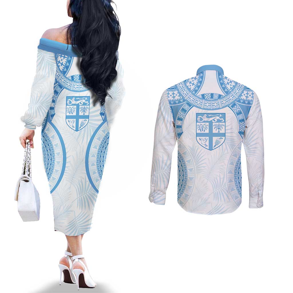 Bula Fiji Day 55th Anniversary Masi Tapa Couples Matching Off The Shoulder Long Sleeve Dress and Long Sleeve Button Shirt Emerald Jubilee - Turquoise LT7 - Polynesian Pride