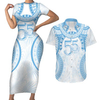 Bula Fiji Day 55th Anniversary Masi Tapa Couples Matching Short Sleeve Bodycon Dress and Hawaiian Shirt Emerald Jubilee - Turquoise LT7 Turquoise - Polynesian Pride