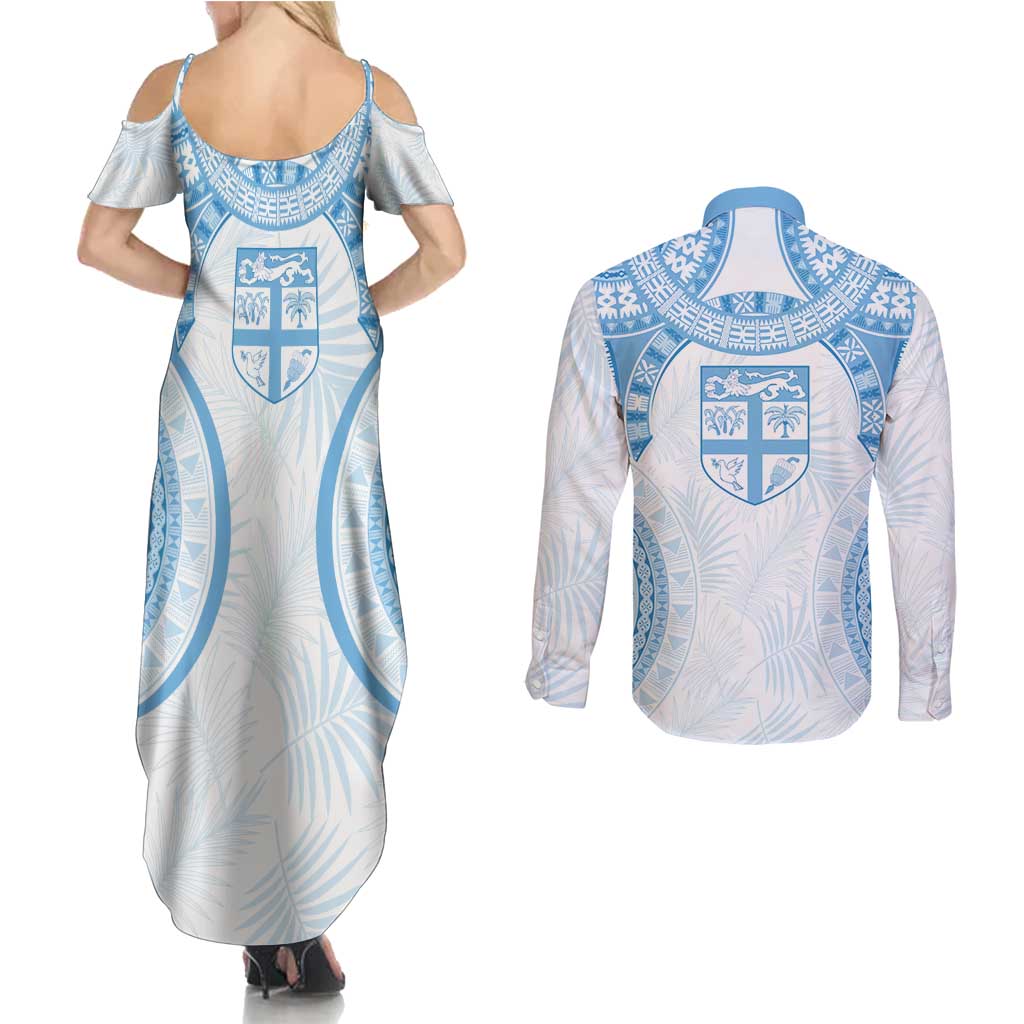 Bula Fiji Day 55th Anniversary Masi Tapa Couples Matching Summer Maxi Dress and Long Sleeve Button Shirt Emerald Jubilee - Turquoise - Polynesian Pride