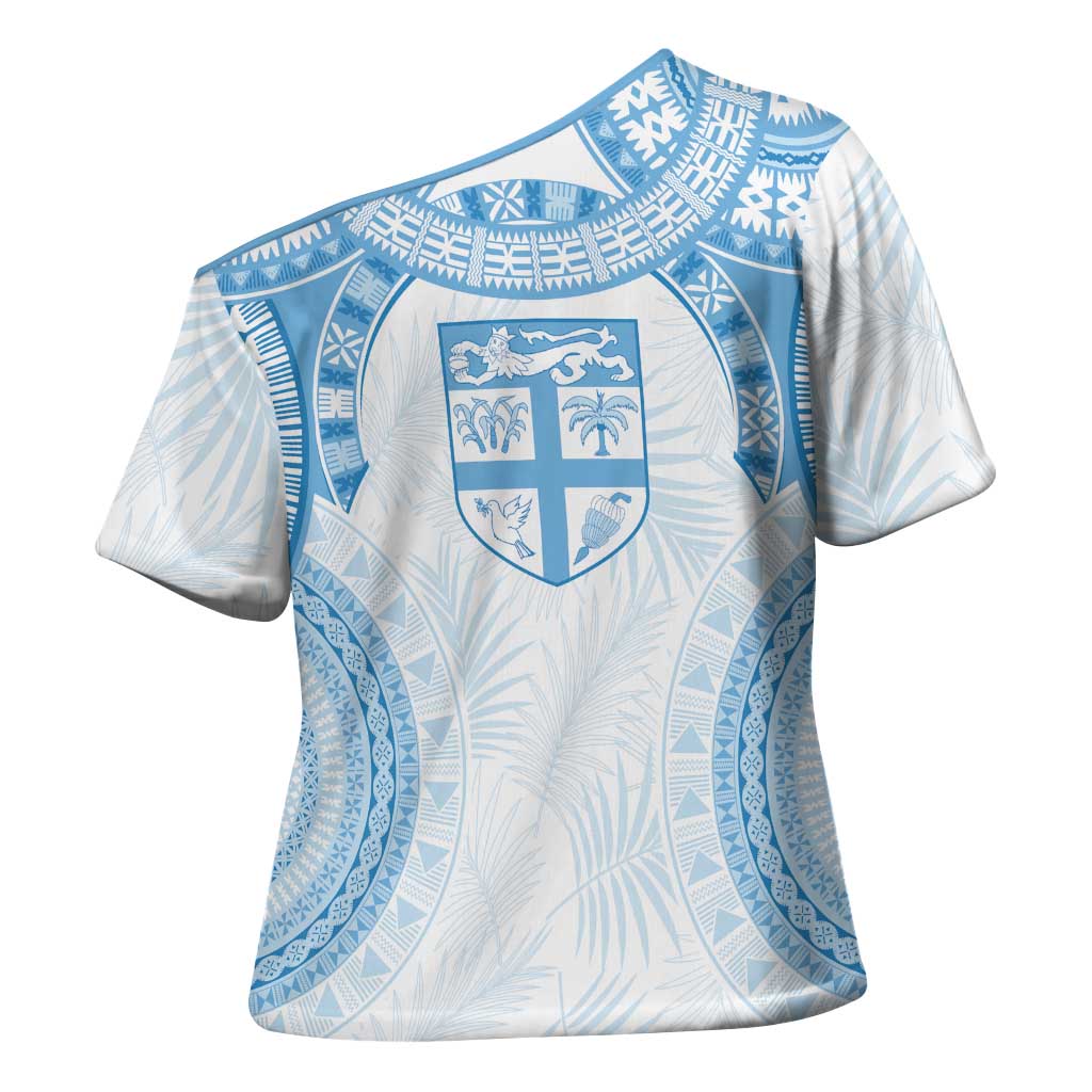Bula Fiji Day 55th Anniversary Masi Tapa Cross Shoulder Shirt Emerald Jubilee - Turquoise - Polynesian Pride