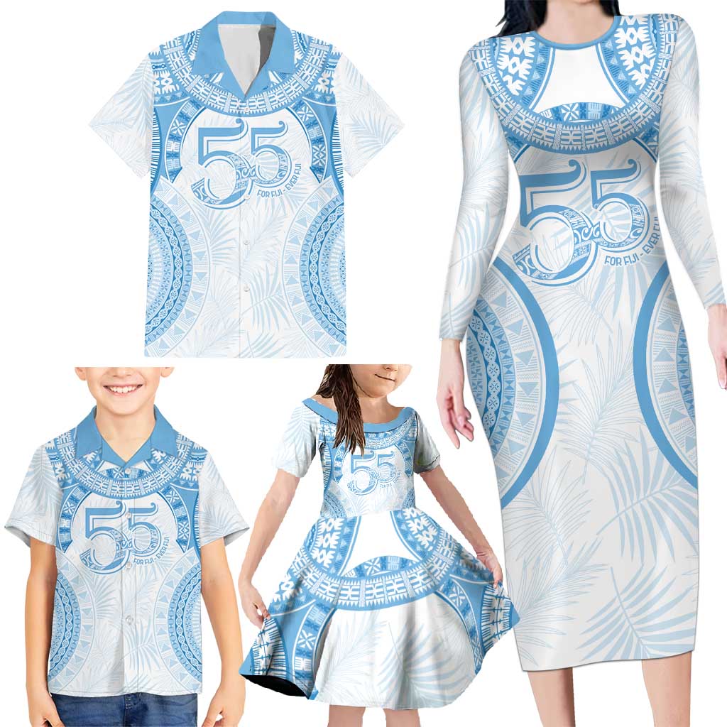 Bula Fiji Day 55th Anniversary Masi Tapa Family Matching Long Sleeve Bodycon Dress and Hawaiian Shirt Emerald Jubilee - Turquoise LT7 - Polynesian Pride
