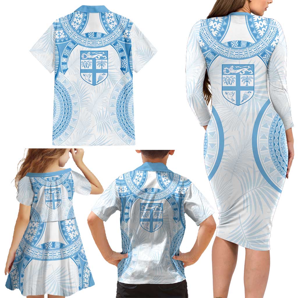 Bula Fiji Day 55th Anniversary Masi Tapa Family Matching Long Sleeve Bodycon Dress and Hawaiian Shirt Emerald Jubilee - Turquoise LT7 - Polynesian Pride