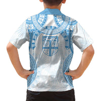 Bula Fiji Day 55th Anniversary Masi Tapa Family Matching Off The Shoulder Long Sleeve Dress and Hawaiian Shirt Emerald Jubilee - Turquoise LT7 - Polynesian Pride