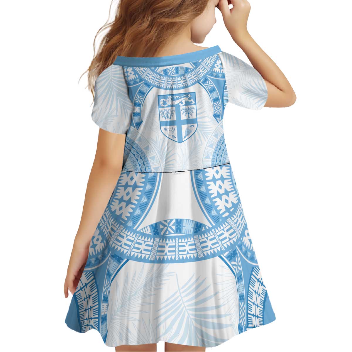 Bula Fiji Day 55th Anniversary Masi Tapa Family Matching Off The Shoulder Long Sleeve Dress and Hawaiian Shirt Emerald Jubilee - Turquoise LT7 - Polynesian Pride