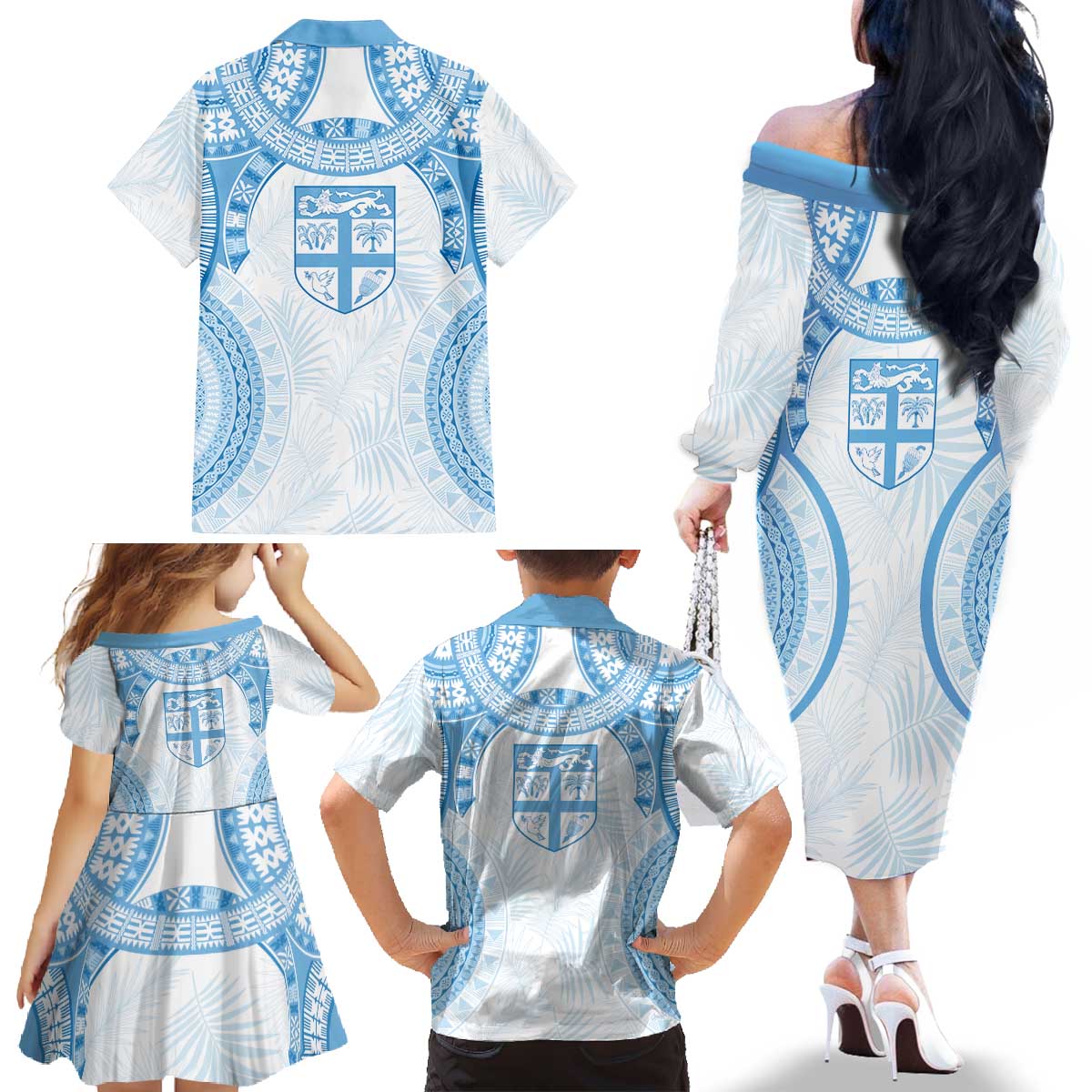 Bula Fiji Day 55th Anniversary Masi Tapa Family Matching Off The Shoulder Long Sleeve Dress and Hawaiian Shirt Emerald Jubilee - Turquoise LT7 - Polynesian Pride