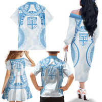 Bula Fiji Day 55th Anniversary Masi Tapa Family Matching Off The Shoulder Long Sleeve Dress and Hawaiian Shirt Emerald Jubilee - Turquoise LT7 - Polynesian Pride