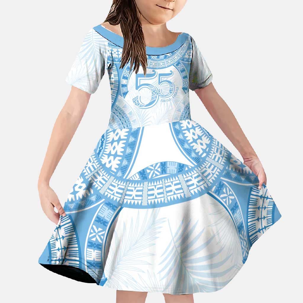 Bula Fiji Day 55th Anniversary Masi Tapa Family Matching Off Shoulder Maxi Dress and Hawaiian Shirt Emerald Jubilee - Turquoise LT7 Daughter's Dress Turquoise - Polynesian Pride