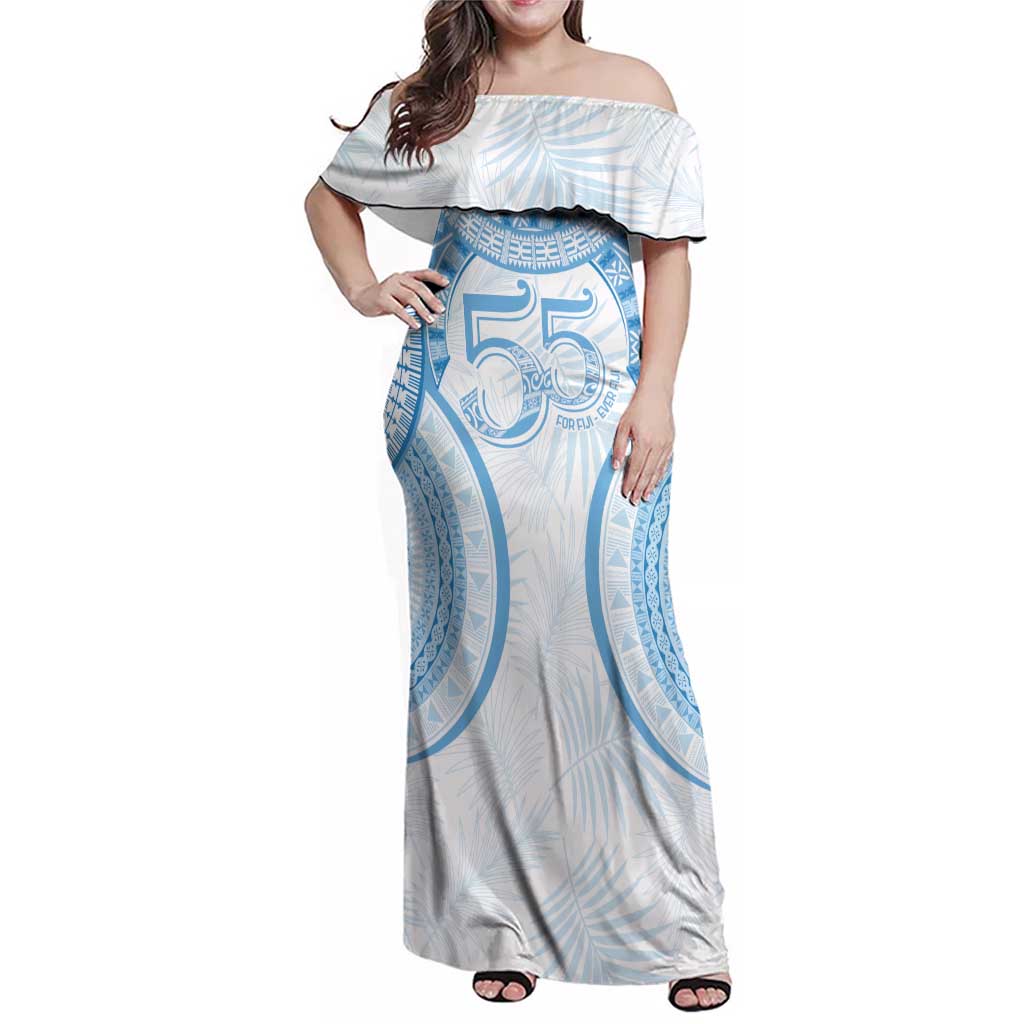 Bula Fiji Day 55th Anniversary Masi Tapa Family Matching Off Shoulder Maxi Dress and Hawaiian Shirt Emerald Jubilee - Turquoise LT7 Mom's Dress Turquoise - Polynesian Pride